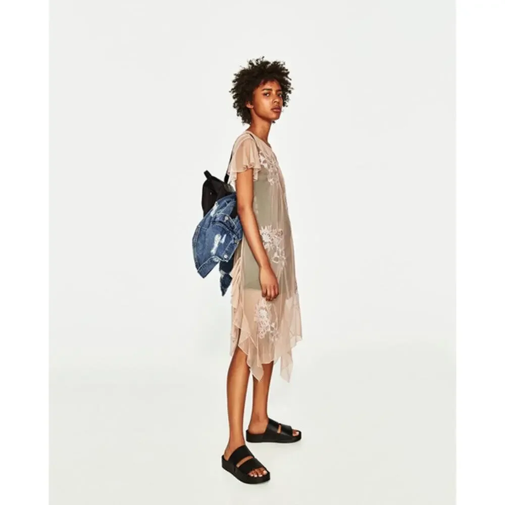 Zara Sheer Embroidered Asymmetrical Midi Dress